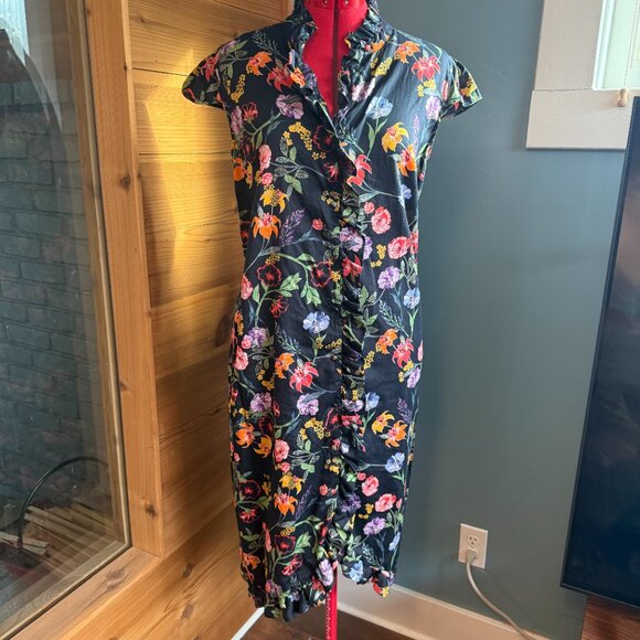 Black Floral Print Dress Cap Sleeve and Ruffled Hem. - Picture 1 of 12